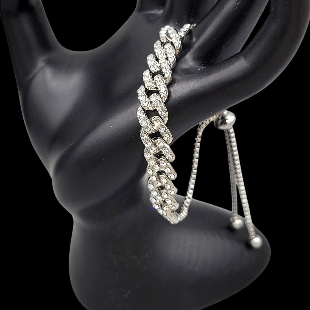 Silver Tone Encrusted Rhinestone Bracelet Flat Link Adjustable Bolo Clasp - Picture 4 of 4